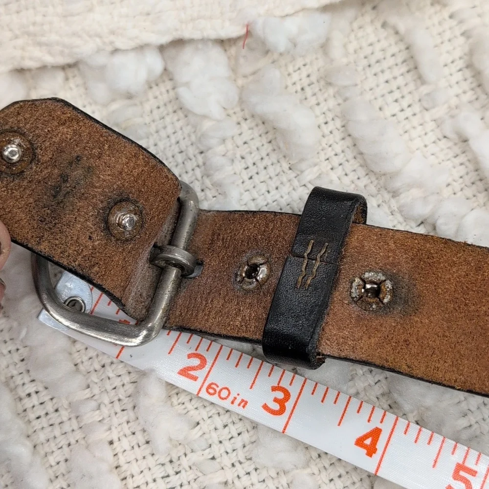 Vintage Western Black Leather Buckstitch Silver Longhorn Embossed Tooled Belt